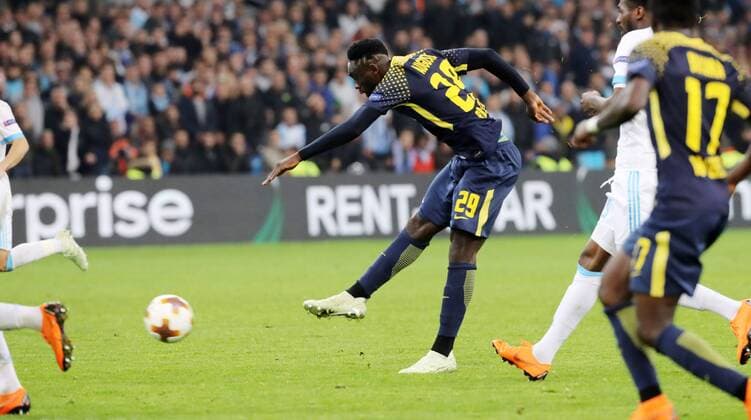 Marseille - RB Leipzig Fussball Euro League Marseille 12.04.2018, Stade Velodrome, Fussball, UEFA EURO EM Europameisterschaft Fussball League, Viertelfinale, Rückspiel , Olympique Marseille vs. RB Leipzig 5:2 (3:1) , Im Bild; Jean-Kevin Augustin (29, RB Leipzig) ,