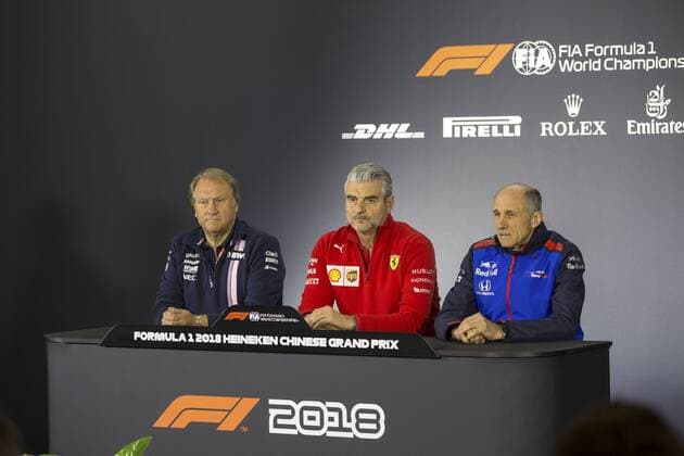 FERNLEY Robert (gbr), Deputy Team Principal Force India F1, ARRIVABENE Maurizio, Managing Director & Team Principal Scuderia Ferrari, TOST Franz (aut), Team Principal Scuderia Toro Rosso, portrait press conference PK Pressekonferenz during 2018 Formula 1 FIA World Championship WM Weltmeisterschaft China Grand Prix, at Shanghai from April 12 to 15 Shanghai: Motorsports: Formula 1 2018 Heineken Chinese Grand Prix Chinese Formula One Grand Prix Shanghai Circuit April 08, 2018 in Shanghai, China Shanghai China