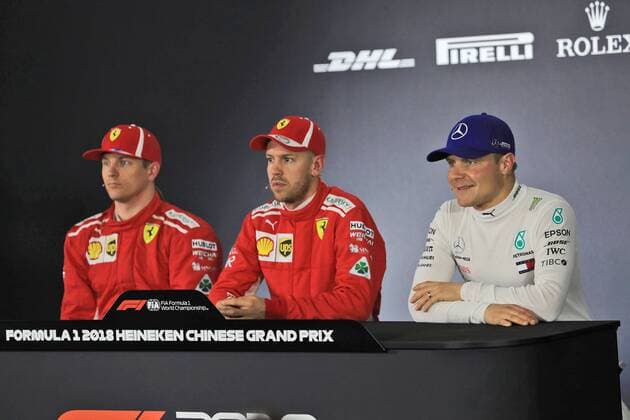 FIA Pressekonferenz mit Kimi Raikkoenen (Scuderia Ferrari), Sebastian Vettel (Scuderia Ferrari) und Valtteri Bottas (Mercedes AMG Petronas Formula One Team), Grosser Preis von China 2018, Rennen, Motorsport, Formel 1, 14.04.2018, Shanghai Copyright: xIllman Eibner-Pressefotox EP_EER