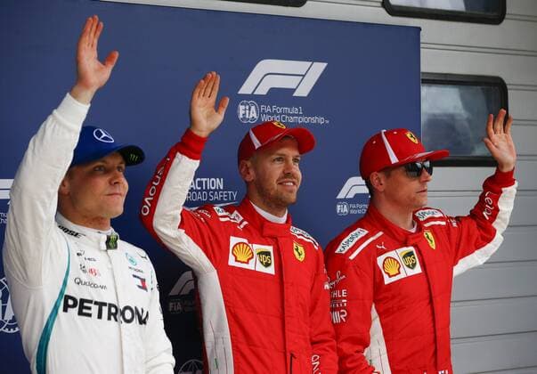 Shanghai: Motorsports: Formula 1 2018 Heineken Chinese Grand Prix Chinese Formula One Grand Prix Shanghai Circuit April 08, 2018 in Shanghai, China. , 5 Sebastian Vettel (GER, Scuderia Ferrari) 7 Kimi Raikkonen (FIN, Scuderia Ferrari), 77 Valtteri Bottas (FIN, Mercedes AMG Petronas), Shanghai China