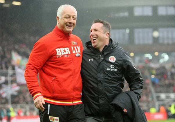 Trainer Andre Hofschneider (Union), Trainer Markus Kauczinski (FC St. Pauli) beim Spiel zwischen FC St. Pauli und 1. FC Union Berlin , 14.04.2018. Hamburg Copyright: xSudheimerx Eibner-Pressefotox EP_eer