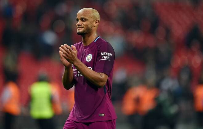 Vincent Kompany of Manchester City celebrates at the end of the premier league match at the Wembley Stadium, London. Picture date 14th April 2018. Picture credit should read: Robin Parker Sportimage EDITORIAL USE ONLY. No use with unauthorised audio, video, data, fixture lists, club league logos or live services. Online in-match use limited to 120 images, no video emulation. No use in betting, games or single club league player publications. HIP_1506