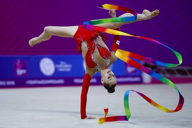 Themen der Woche - SPORT KW15 Bilder des Tages - SPORT 10th FIG Rhythmic gymnastics Rhythmische Sportgymnastik RSG Worldcup Pesaro; 14.04.2018 Denisa Mailat (ROU); 10th FIG Rhythmic Gymnastics Worldcup Pesaro on 14.04.2018 at the Adriatic Arena in Pesaro (Italy). (c) U.Fassbender *** 10th Rhythmic Gymnastics Worldcup Pesaro 14 04 2018 Denisa Mailat ROU 10th Rhythmic Gymnastics World Cup Pesaro on 14 04 2018 at the Adriatic Arena in Pesaro Italy c U Fassbender xufax
