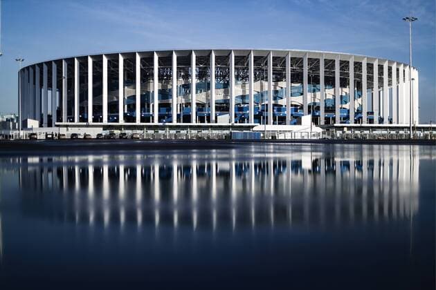 NIZHNY NOVGOROD, RUSSIA - APRIL 15, 2018: A view of the Nizhny Novgorod Stadium, a venue for 2018 FIFA World Cup WM Weltmeisterschaft Fussball matches. Stanislav Krasilnikov TASS  TS07BEC7