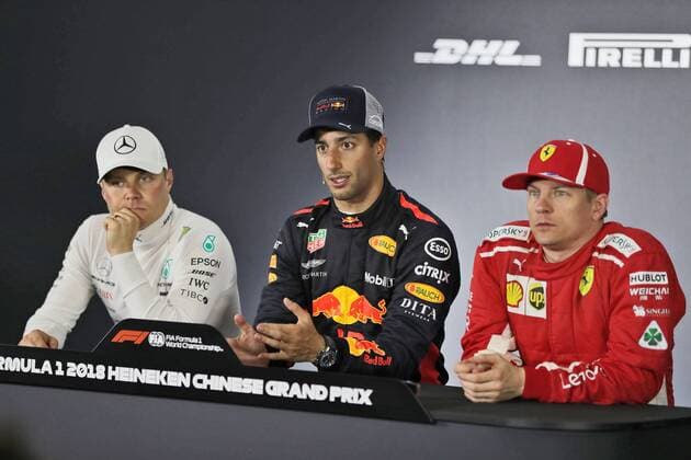 Valtteri Bottas (Mercedes AMG Petronas Formula One Team), Daniel Ricciardo (Red Bull Racing) und Kimi Raikkoenen (Scuderia Ferrari), Grosser Preis von China 2018, Rennen, Motorsport, Formel 1, 15.04.2018, Shanghai Copyright: xIllman Eibner-Pressefotox EP_ANS