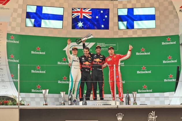 Podium mit Valtteri Bottas (Mercedes AMG Petronas Formula One Team), Daniel Ricciardo (Red Bull Racing) und Kimi Raikkoenen (Scuderia Ferrari), Grosser Preis von China 2018, Rennen, Motorsport, Formel 1, 15.04.2018, Shanghai Copyright: xIllman Eibner-Pressefotox EP_ANS