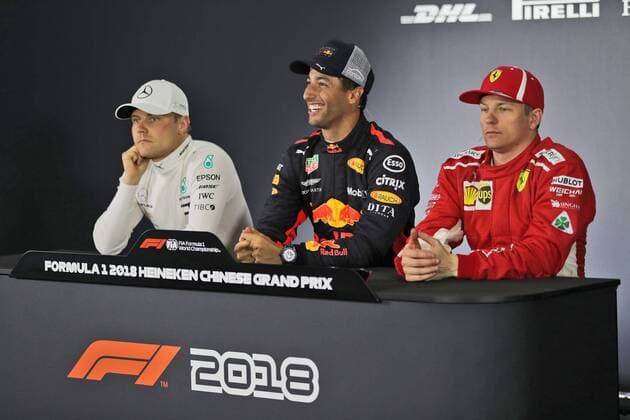 Valtteri Bottas (Mercedes AMG Petronas Formula One Team), Daniel Ricciardo (Red Bull Racing) und Kimi Raikkoenen (Scuderia Ferrari), Grosser Preis von China 2018, Rennen, Motorsport, Formel 1, 15.04.2018, Shanghai Copyright: xIllman Eibner-Pressefotox EP_ANS