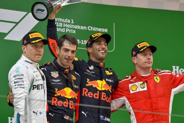 Shanghai: Motorsports: Formula 1 2018 Heineken Chinese Grand Prix Chinese Formula One Grand Prix Shanghai Circuit in Shanghai, China. 3 Daniel Ricciardo (AUS, Red Bull Racing), 7 Kimi Raikkonen (FIN, Scuderia Ferrari), 77 Valtteri Bottas (FIN, Mercedes AMG Petronas), Shanghai China