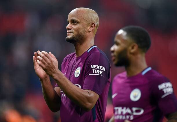 Vincent Kompany of Manchester City celebrates at the end of the premier league match at the Wembley Stadium, London. Picture date 14th April 2018. Picture credit should read: Robin Parker Sportimage EDITORIAL USE ONLY. No use with unauthorised audio, video, data, fixture lists, club league logos or live services. Online in-match use limited to 120 images, no video emulation. No use in betting, games or single club league player publications. HIP_1561