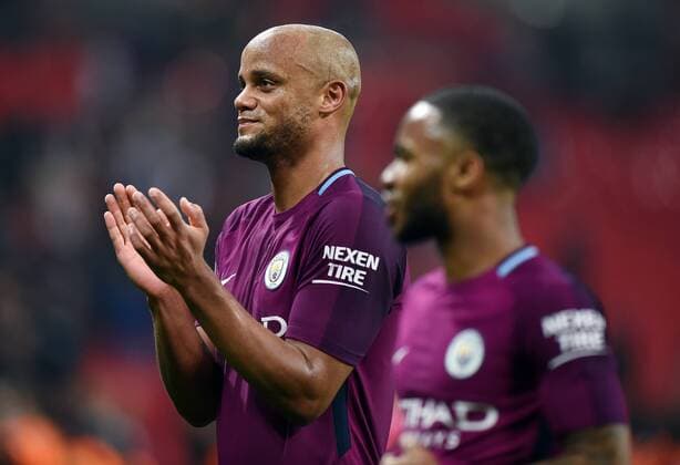 Vincent Kompany of Manchester City celebrates at the end of the premier league match at the Wembley Stadium, London. Picture date 14th April 2018. Picture credit should read: Robin Parker Sportimage EDITORIAL USE ONLY. No use with unauthorised audio, video, data, fixture lists, club league logos or live services. Online in-match use limited to 120 images, no video emulation. No use in betting, games or single club league player publications. HIP_1562