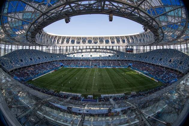 NIZHNY NOVGOROD, RUSSIA - APRIL 15, 2018: Nizhny Novgorod Stadium during the 2017 18 Russian Football National League Round 33 match between Olimpiyets Nizhny Novgorod and Zenit-2 St Petersburg. The stadium hosts the first test match ahead of the 2018 FIFA World Cup WM Weltmeisterschaft Fussball Stanislav Krasilnikov TASS  TS07BF35