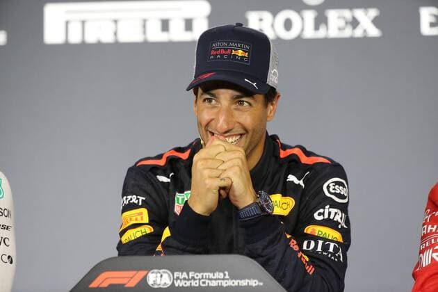Australian F1 driver Daniel Ricciardo of Red Bull Racing reacts during the press conference PK Pressekonferenz after winning the 2018 Formula One Chinese Grand Prix at the Shanghai International Circuit in Shanghai, China, 15 April 2018. Red Bull driver Daniel Ricciardo yanked off his right shoe, poured champagne into it as he stood on the podium, and then drank up to his unlikely victory in Sunday s Chinese Grand Prix. The Australian started from the third row, but took advantage when the safety car came out on the 31st lap to allow him to get fresh, soft tires when the other leaders were running on worn rubber and couldn t get in quickly to change. Red Bull s Daniel Ricciardo wins Chinese Grand Prix; 6th career win  20180415_08669