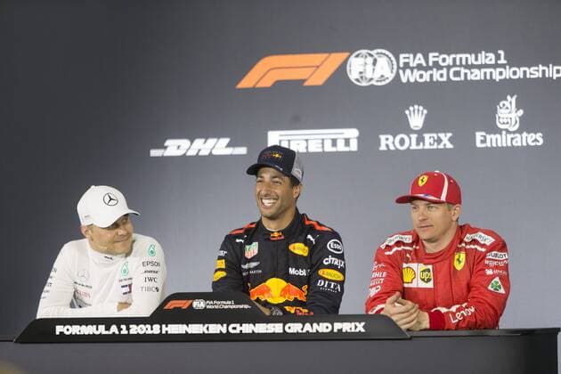 (From left) First runner-up Finnish F1 driver Valtteri Bottas of Mercedes, winner Australian F1 driver Daniel Ricciardo of Red Bull Racing and second runner-up Finnish F1 driver Kimi Raikkonen of Ferrari attend the press conference PK Pressekonferenz after the 2018 Formula One Chinese Grand Prix at the Shanghai International Circuit in Shanghai, China, 15 April 2018. Red Bull driver Daniel Ricciardo yanked off his right shoe, poured champagne into it as he stood on the podium, and then drank up to his unlikely victory in Sunday s Chinese Grand Prix. The Australian started from the third row, but took advantage when the safety car came out on the 31st lap to allow him to get fresh, soft tires when the other leaders were running on worn rubber and couldn t get in quickly to change. Red Bull s Daniel Ricciardo wins Chinese Grand Prix; 6th career win  20180415_51510