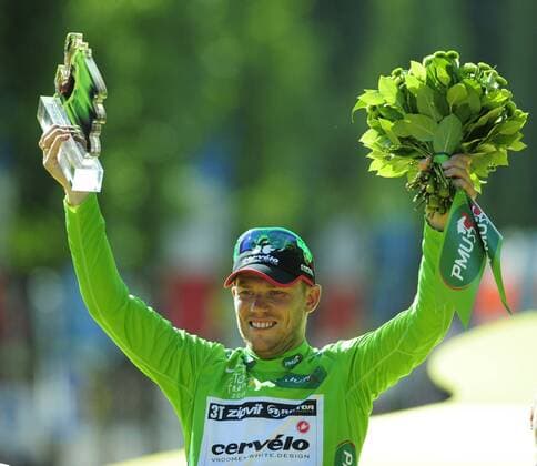 - PARIS, FRANCE: Norwegian Thor Hushovd of team Cervelo celebrates on the podium in the green jersey of best sprinter, after the 21st and last stage of the Tour de France cycling race, between Montereau-Fault-Yonne and Paris, Champs-Elysees (160km), Sunday 26 July 2009. ERICxLALMAND  x14777575x