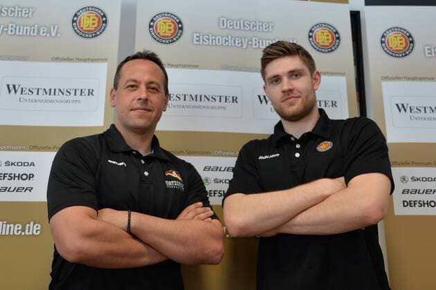 Eishockey, Herren, DEB, Saison 2017 18, Pressekonferenz des DEB, Bundestrainer Marco Sturm (Deutschland), Leon Draisaitl (Deutschland), 17.04.18, Copyright: xMichaelxHundtx xMatthiasxKochx