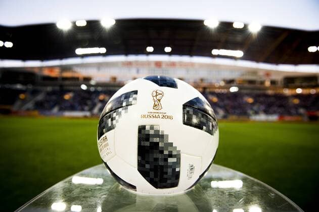 Illustration picture shows the FIFA World Cup WM Weltmeisterschaft Fussball Russia 2018 logo on the match ball, ahead of the Jupiler Pro League match between KAA Gent and KRC Genk, in Gent, Tuesday 17 April 2018, on day four of the Play-Off 1 of the Belgian soccer championship. JASPERxJACOBS  x05330929x
