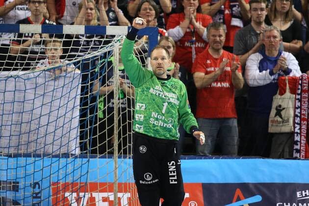 SG Flensburg-Handewitt - Montpellier HB, EHF Champions League; Flensburg, 18.04.18 Flensburg, 18.04.18, Handball, VELUX EHF Champions League, Saison 2017 2018, Viertelfinal, SG Flensburg-Handewitt - Montpellier HB : Jubel Freude über gehaltenen Ball bei Mattias Andersson (SG Flensburg-Handewitt, 01)
