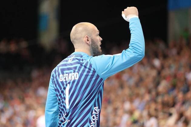 SG Flensburg-Handewitt - Montpellier HB, EHF Champions League; Flensburg, 18.04.18 Flensburg, 18.04.18, Handball, VELUX EHF Champions League, Saison 2017 2018, Viertelfinal, SG Flensburg-Handewitt - Montpellier HB : Jubel Freude über gehaltenen Ball bei Vincent Gerard (Montpellier HB, 01)