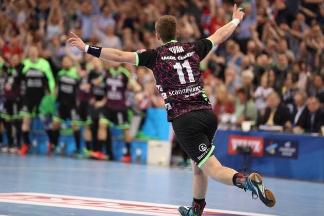 SG Flensburg-Handewitt - Montpellier HB, EHF Champions League; Flensburg, 18.04.18 Flensburg, 18.04.18, Handball, VELUX EHF Champions League, Saison 2017 2018, Viertelfinal, SG Flensburg-Handewitt - Montpellier HB : Jubel Torjubel bei Lasse Svan Hansen (SG Flensburg-Handewitt, 11)