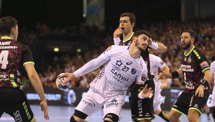 Foto : am Ball Ludovic Fabregas gegen Rasmus Lauge ( Flensburg ) Handball Herren am 18.04.2018 Champions - League SG Flensburg - Montpellier