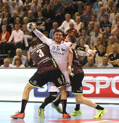 Foto : Ludovic Fabregas Montpellier gegen Karlsson und Glandorf Handball Herren am 18.04.2018 Champions - League SG Flensburg - Montpellier