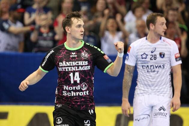 SG Flensburg-Handewitt - Montpellier HB, EHF Champions League; Flensburg, 18.04.18 Flensburg, 18.04.18, Handball, VELUX EHF Champions League, Saison 2017 2018, Viertelfinal, SG Flensburg-Handewitt - Montpellier HB : Jubel Torjubel bei Hampus Wanne (SG Flensburg-Handewitt, 14)