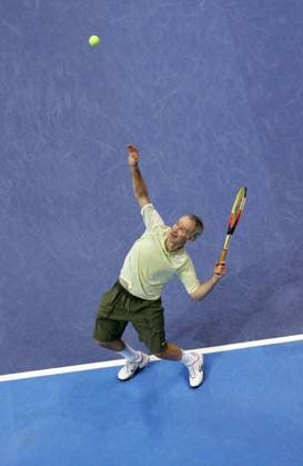 , LIEGE, BELGIUM : Tennis legend US John McEnroe plays his third game vs Bjorn Borg of Sweden, Saturday 10 Novembre 2007 at the first edition of the legend cup in Liege, stage of the ATP Tennis Herren senior tour. McEnroe won 7-5, 3-6 an d10-6 in the sper tie-break, he qualified for the final. JOHNxTHYS  x7849171x