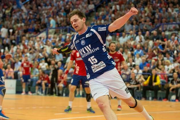 Torjubel von Milan Kotrc ( 15, Bergischer HC) Bergischer HC vs. Wilhelmshavener HV, Handball, 2. Bundesliga, 20.04.18 Solingen NRW Deutschland Klingenhalle