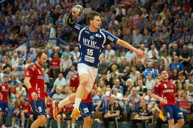 Milan Kotrc ( 15, Bergischer HC) beim Wurf Bergischer HC vs. Wilhelmshavener HV, Handball, 2. Bundesliga, 20.04.18 Solingen NRW Deutschland Klingenhalle