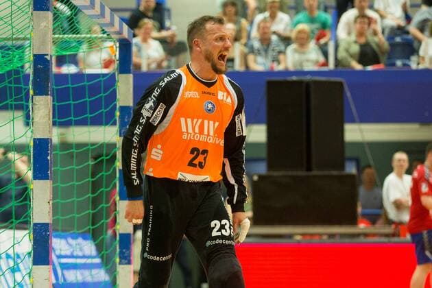 Bastian Rutschmann ( 23, Bergischer HC) schreit in seinem Tor Bergischer HC vs. Wilhelmshavener HV, Handball, 2. Bundesliga, 20.04.18 Solingen NRW Deutschland Klingenhalle