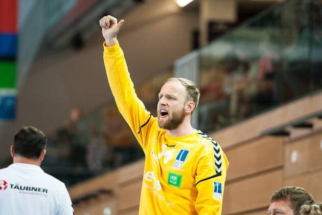 Jubelt über den Treffer seiner Mannschaft Robert Wetzel (Nr.16, Aue) HC Rhein Vikings vs. EHV Aue, Handball, 2. Bundesliga, 20.04.18 Düsseldorf NRW Deutschland Castello
