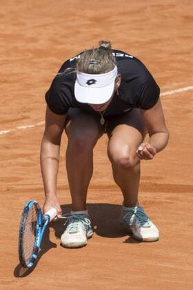 Belgian Elise Mertens celebrates during a tennis game between Italian Jasmine Paolini WTA Tennis Damen 145) and Belgian Elise Mertens (WTA 17), the first rubber of this weekend s Fed Cup World Group Play Off meeting between Italy and Belgium in Genoa, Italy, Saturday 21 April 2018. LAURIExDIEFFEMBACQ  x05333233x
