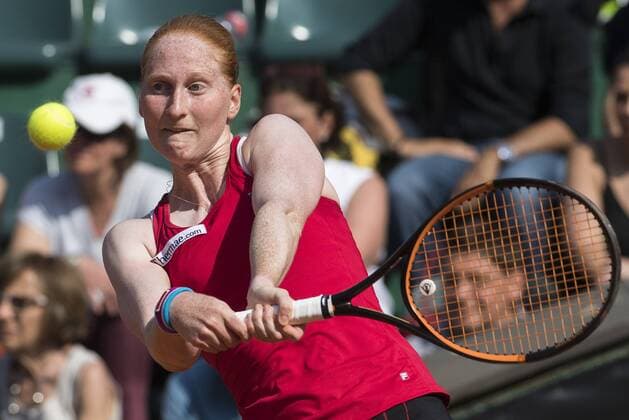 Belgian Alison Van Uytvanck pictured in action during a tennis game between Italian Sara Errani WTA Tennis Damen 91) and Belgian Alison Van Uytvanck (WTA 50), the second rubber of this weekend s Fed Cup World Group Play Off meeting between Italy and Belgium in Genoa, Italy, Saturday 21 April 2018. LAURIExDIEFFEMBACQ  x05333326x