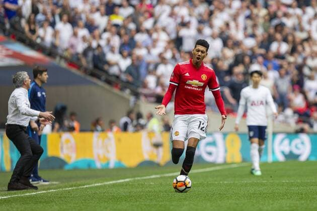 Chris Smalling of Manchester United ManU expresses his disappointment after conceding a foul during the FA Cup Semi Final match between Manchester United and Tottenham Hotspur at Wembley Stadium, London, England on 21 April 2018. Copyright: xMarkxxHawkinsx PMI-1976-0003