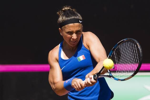 Italian Sara Errani pictured in action during a tennis game between Italian Sara Errani and Belgian Elise Mertens WTA Tennis Damen 17), the third rubber of this weekend s Fed Cup World Group Play Off meeting between Italy and Belgium in Genoa, Italy, Sunday 22 April 2018. LAURIExDIEFFEMBACQ  x05334052x