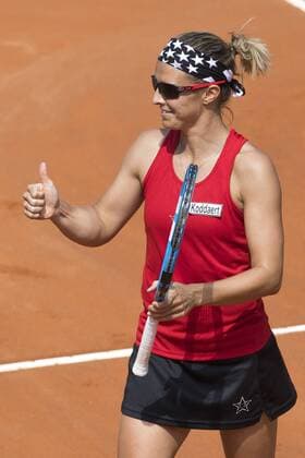 Belgian Kirsten Flipkens celebrates during a double tennis game between Italian pair Deborah Chiesa and Jasmine Paolini and Belgian pair Kirsten Flipkens and Elise Mertens, the fourth rubber of this weekend s Fed Cup World Group Play Off meeting between Italy and Belgium in Genoa, Italy, Sunday 22 April 2018. Belgian already won 0-3. LAURIExDIEFFEMBACQ  x05334265x