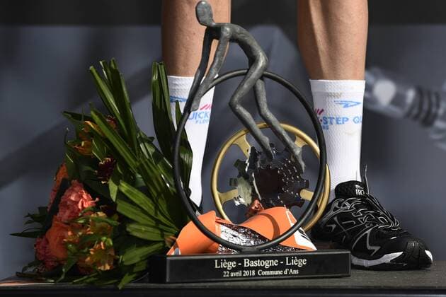 Illustration picture shows the winner s trophy of Luxembourgian Bob Jungels of Quick-Step Floors on the podium of the 104rth edition of the Liege-Bastogne-Liege one day cycling race, Sunday 22 April 2018, 258 km, in Liege. YORICKxJANSENS  x05334356x