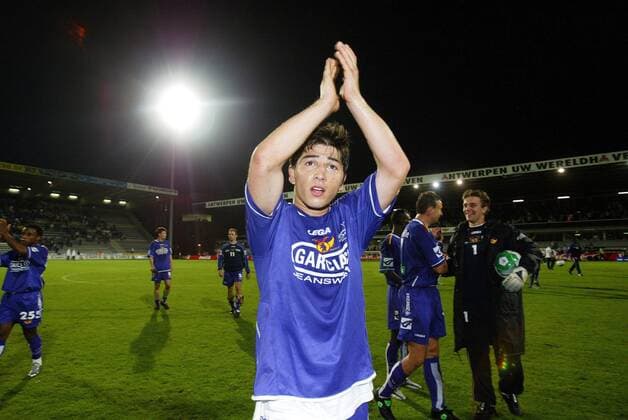 BRU138 - - ANTWERP, BELGIUM : Germinal Beerschot s Sezer Ozturk celebrate after wining the first league soccer game Germinal Beerschot vs AA Gent, Saturday 27 August 2005 in Antwerp. Germinal won 2-1. MARCxGOYVAERTS  x3307166x
