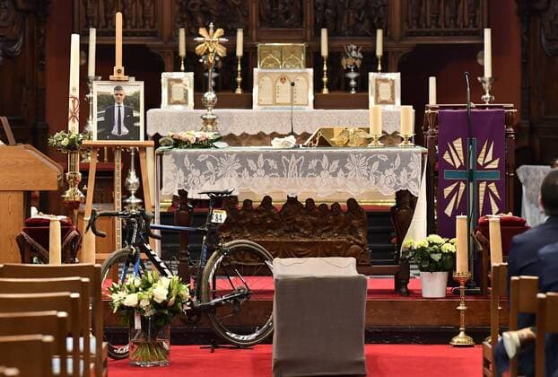 Bilder des Tages - SPORT Illustration picture shows the funeral ceremony for cyclist Michael Goolaerts, Tuesday 24 April 2018 in Hallaar, Heist-Op-Den-Berg. Michael Goolaerts died after a crash in the Paris-Roubaix race on Sunday 8 April 2018, he was 23 years old. DIRKxWAEM  x05335347x