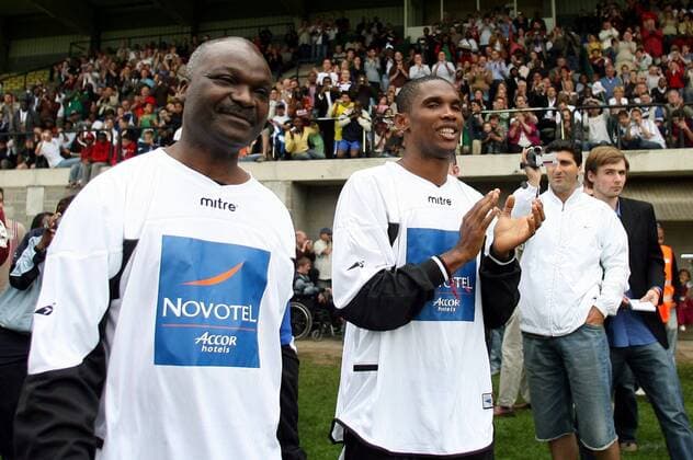 - WAVRE, BELGIUM: Roger Milla (L) and Samuel Eto o (R) during the jubilee soccer match for Jo Fargeon, Saturday 03 June 2006 in Wavre. MICHELxKRAKOWSKI  x4406469x
