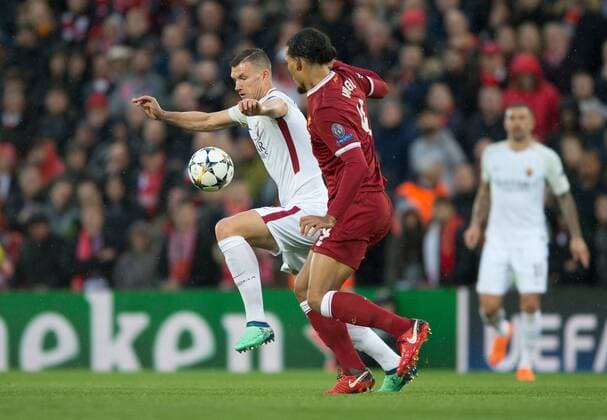 Liverpool v A.S. Roma UEFA Champions League Semi-Final Edin Dzeko of AS Roma collects the ball during the UEFA Champions League Semi-Final match at Anfield, Liverpool Content Not Available For UK Newspapers Copyright: xRussellxHartx FIL-11698-0015