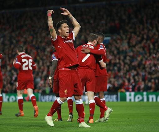 Roberto Firmino of Liverpool celebrates scoring the fifth goal during the Champions League Semi Final 1st Leg match at Anfield Stadium, Liverpool. Picture date: 24th April 2018. Picture credit should read: Simon Bellis Sportimage EDITORIAL USE ONLY. No use with unauthorised audio, video, data, fixture lists, club league logos or live services. Online in-match use limited to 120 images, no video emulation. No use in betting, games or single club league player publications.