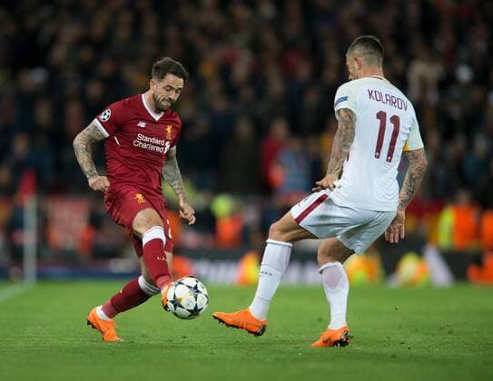 Liverpool v A.S. Roma UEFA Champions League Semi-Final Danny Ings of Liverpool (left) looks to find a way past Aleksandar Kolarov of AS Roma during the UEFA Champions League Semi-Final match at Anfield, Liverpool Content Not Available For UK Newspapers Copyright: xRussellxHartx FIL-11698-0026