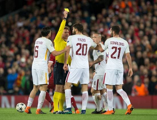 Liverpool v A.S. Roma UEFA Champions League Semi-Final Referee Felix Brych books Federico Fazio of AS Roma during the UEFA Champions League Semi-Final match at Anfield, Liverpool Content Not Available For UK Newspapers Copyright: xRussellxHartx FIL-11698-0028