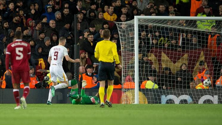 Liverpool v A.S. Roma UEFA Champions League Semi-Final Edin Dzeko of AS Roma scores his team s 1st goal to make it 5-1 to Liverpool during the UEFA Champions League Semi-Final match at Anfield, Liverpool Content Not Available For UK Newspapers Copyright: xRussellxHartx FIL-11698-0030