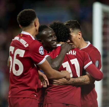 Liverpool v A.S. Roma UEFA Champions League Semi-Final Sadio Mane of Liverpool (2nd left) celebrate after his team go 4-0 up during the UEFA Champions League Semi-Final match at Anfield, Liverpool Content Not Available For UK Newspapers Copyright: xRussellxHartx FIL-11698-0041