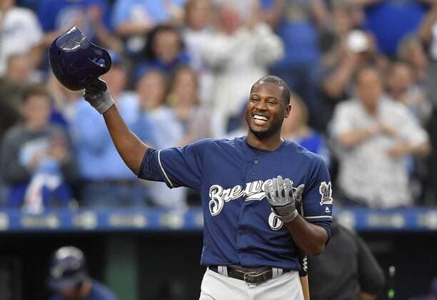 April 24, 2018 - Kansas City, MO, USA - The Milwaukee Brewers Lorenzo Cain tips his hat to the cheering crowd before taking his first at bat against the Kansas City Royals, his former team, on Wednesday, April 24, 2018, at Kauffman Stadium in Kansas City, Mo. Milwaukee at Kansas City - ZUMAm67_ 20180424_zaf_m67_017 Copyright: xJohnxSleezerx