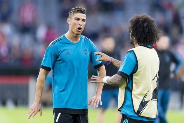 GER, UEFA CL, FC Bayern Muenchen (GER) vs Real Madrid (ESP) 25.04.2018, Allianz Arena, Muenchen, GER, UEFA CL, FC Bayern Muenchen (GER) vs Real Madrid (ESP), Halbfinale, im Bild Cristiano Ronaldo (Real 7) mit Marcelo (Real 12)