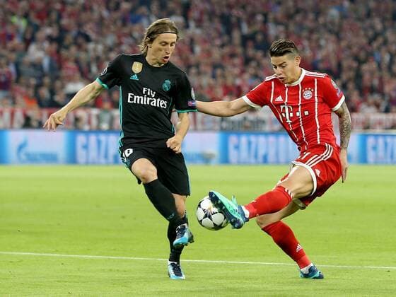 Luka Modric ( Real Madrid CF 10 ) James Rodriguez (FC Bayern Muenchen 11), FC Bayern Muenchen vs. Real Madrid CF, Champions League, Halbfinale, Fussball, 25.04.2018, FC Bayern Muenchen vs. Real Madrid CF, Champions League, Halbfinale, Fussball, 25.04.2018 Muenchen Copyright: xLanger Eibner-Pressefotox EP_HLR
