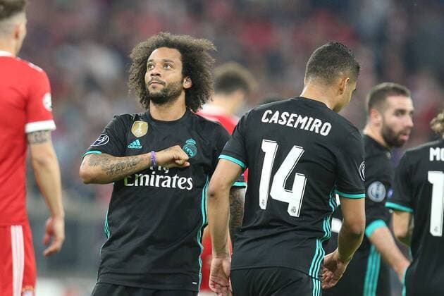 l-r: Torjubel von Marcelo 12 (Real Madrid), Casemiro 14 (Real Madrid) zum Ausgleich 1:1, FC Bayern Muenchen vs. Real Madrid, Fussball, Halbfinale, Champions League, 25.04.2018 Muenchen Bayern Deutschland